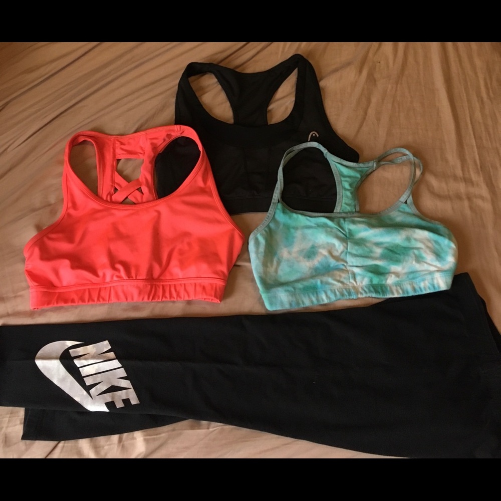 3 sports bras and cropped leggings